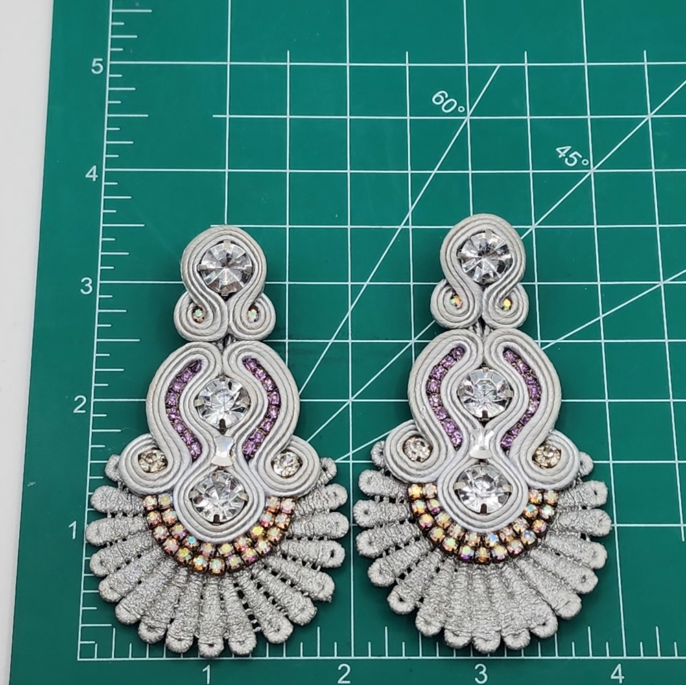 Silver Lace With Purple And AB Rhinestone Statement Earrings - Picture 7 of 11